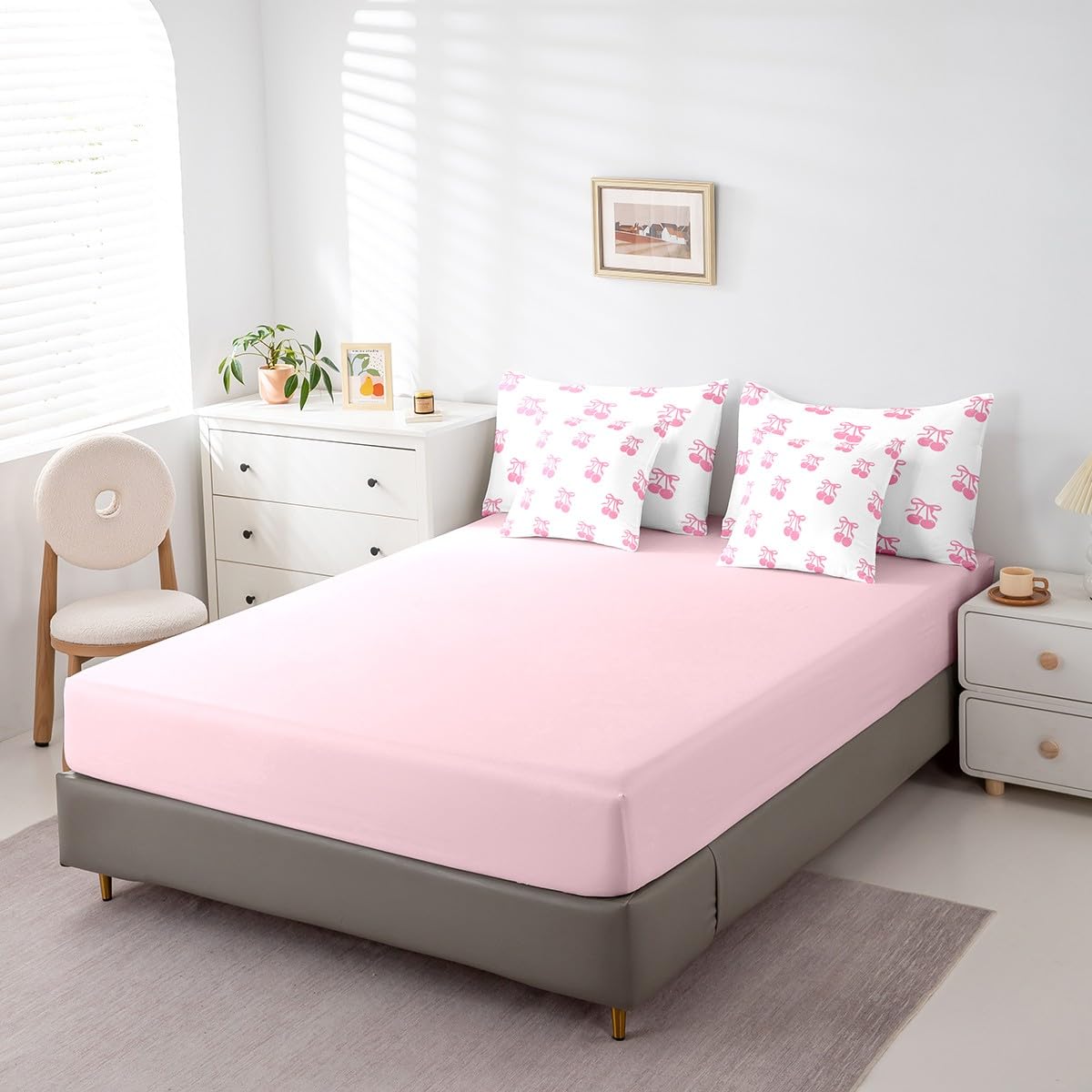 Erosebridal 7 Piece Pink Bowknot Kids Comforter Set King Bed in a Bag,Dreamy Princess Style Bedding Set for Girls Women Girlfriend,Girly Cherry Bows Sheet Set,Cartoon Bow Tie Duvet Insert