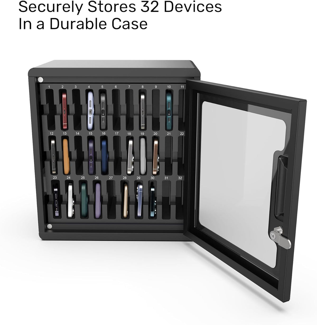 Luxor CHZZ001 CellGuard Phone Storage Cabinet, Cell Phone Locker for Classroom with 32 Foam Slots, Locking Acrylic Door, Powder-Coated Steel, Freestanding, 15"W x 9"D x 16.25"H