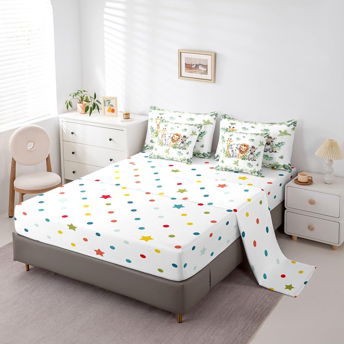 Erosebridal Jungle Animal Twin Size Comforter Set with Sheets | Giraffe Elephant 7-Piece Bedding Set Green Botanical Eucalyptus Palm Leaves Bed in a Bag Zebra Lion Safari Animal Bed Quilt Sets