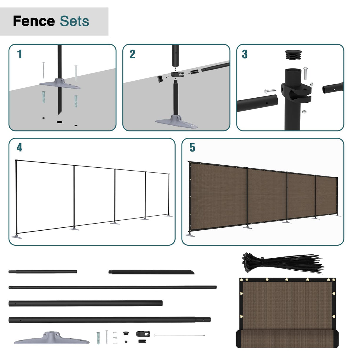 ECOOPTS Privacy Fence Set with Poles and Rails Ground Spikes Fence Kit for Garden Patio Pool Yard (5'Hx12'L, Brown)