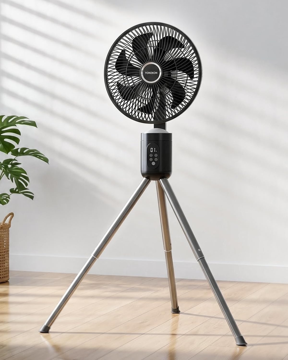 YOKEKON Outdoor Standing Fan for Patio,12" Rechargeable Cordless Pedestal Fan,Hanging 12000mAh Battery Operated Oscillating Fan with Remote,Light, Quiet,8 Speeds,Timer,Gazebo/Deck/Porch/Pergola,Black