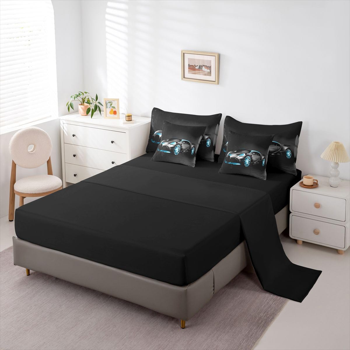 Sports Car 7 Piece Bedding Set Stylish Black Race Car Comforter Set with Sheets for Kids Boys Girls Extreme Sports Theme Bed in a Bag Cool Speed Luxury Car Decor Bed Set with 1 Pillowcase Twin