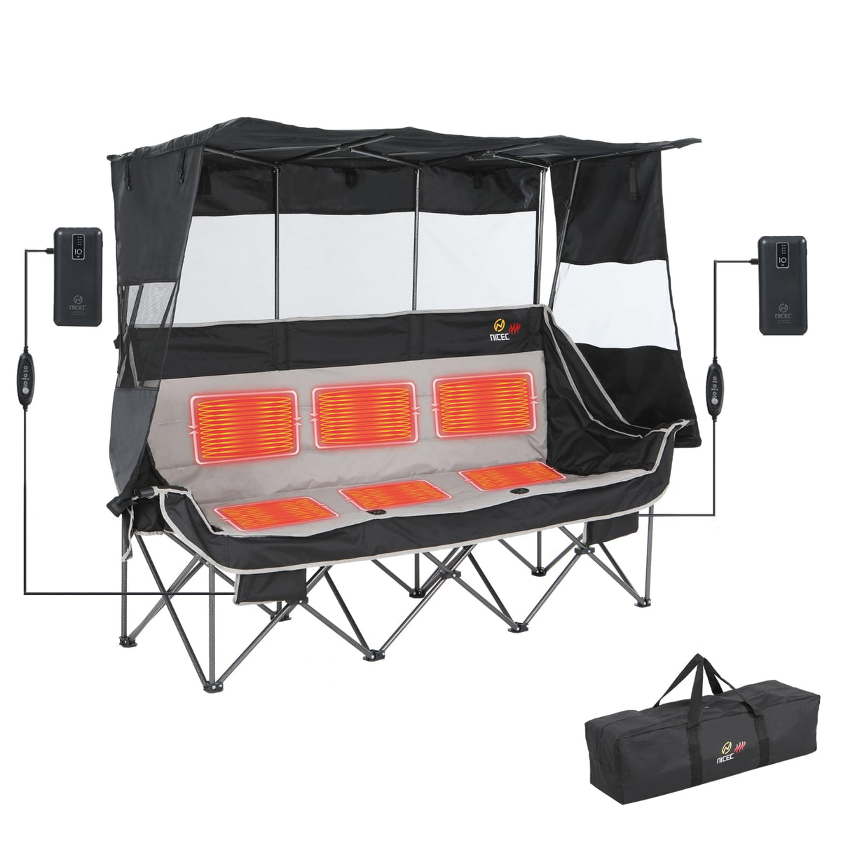Nice C Heated 3 Seat Camping Chair with Canopy, Heated Double Folding Couch Loveseat Bench With Battery, Portable Oversized Padded Sports Umbrella Chair With Shade, Cup Holder, For Adults Outdoor Lawn