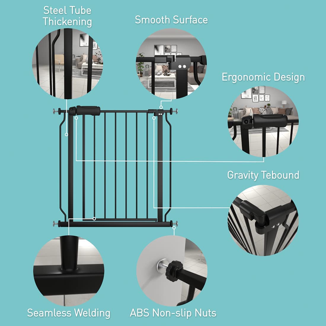 WAOWAO Baby Gate 62.19-66.92" Extra Wide Pressure Mounted Walk Through Swing Auto Close Safety Black Metal Toddler Kids Child Dog Pet Puppy for Stairs,Doorways,Kitchen