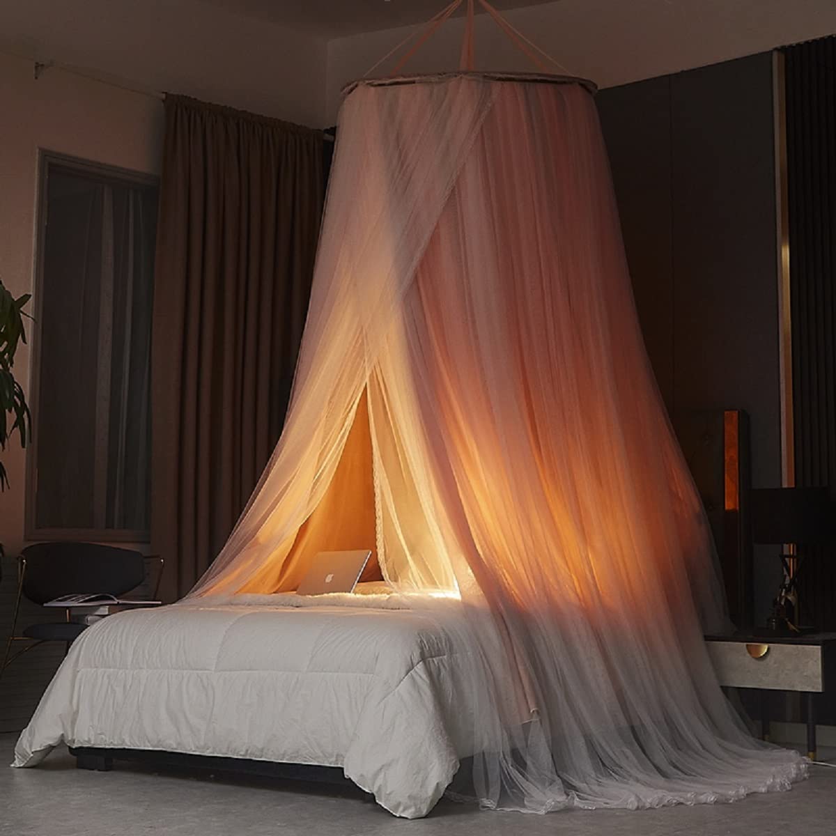 Kertnic Luxurious Bed Canopy for Girls & Adults - Double Layer Princess Canopy with Lace, Round Dome Mosquito Netting for Queen/King Bed Tent (Pink)