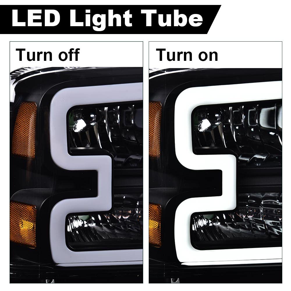LED DRL Headlights Assembly Front Headlamp Compatible with Ford F250 F350 F450 F550 Super Duty 2005-2007/Ford Excursion 2005,(Not Fit Sealed Beam Headlight model) Clear Lens Black Housing