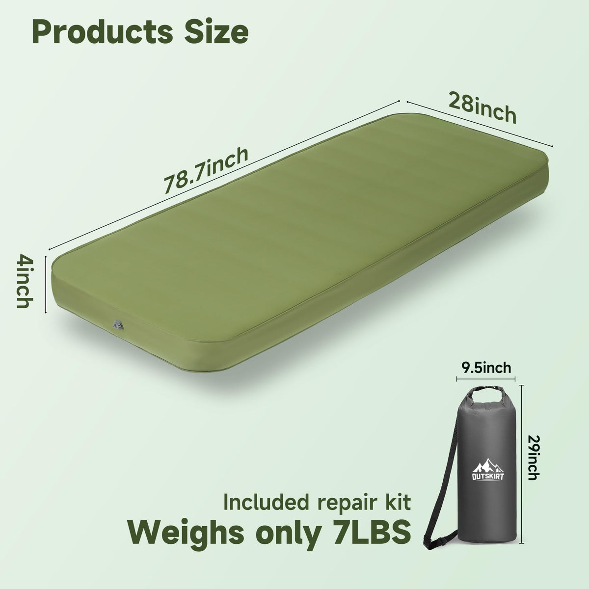OUTSKIRT Camping Mattress, Self Inflating Sleeping Pad with Pump Sack, Foam Camping Pad for Sleeping, 4” Thickness Sleeping Mat for Camp/Travel/Car/Tent, 4 Season Camp Air Mattress