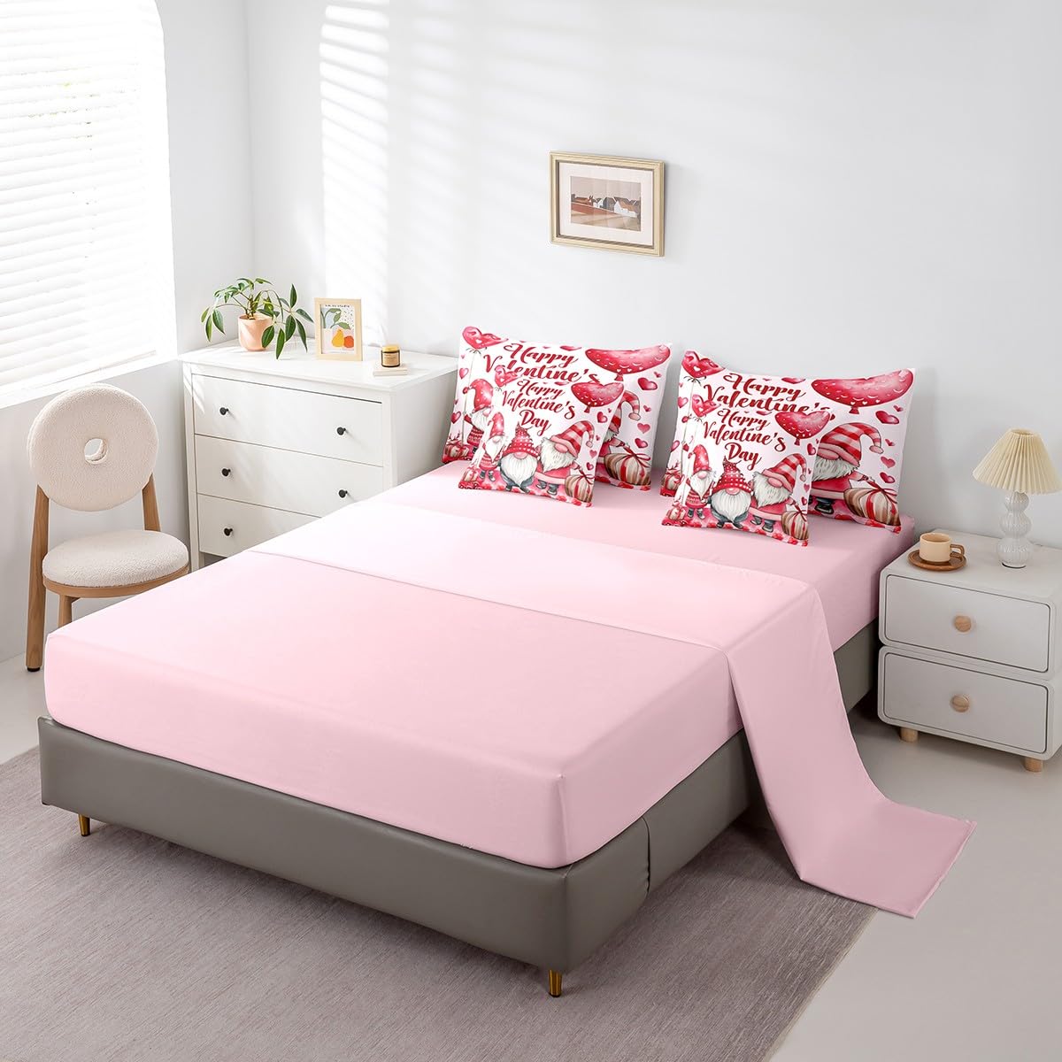 Erosebridal Valentine Day Gnomes Queen 7 Piece Comforter Set - Cute Gnome Bedding Set with Fitted + Flat Sheet, Pink Romantic Love Bed in a Bag for Kids Girls Women Valentines Bedroom Decor