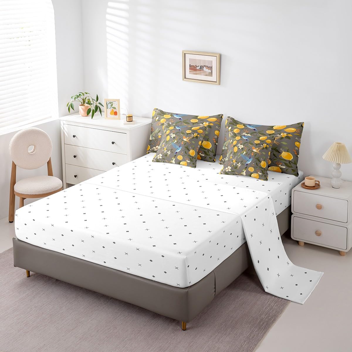 Erosebridal Lemon Trees Bedding Set for Kids Teens,Hummingbirds Comforter Set King Size,Oil Painting Lemon Fruit (Comforter+Fitted+Flat Sheet+2 Pillowcases+2 Throw Pillow Covers) 7 Pieces Bed Set