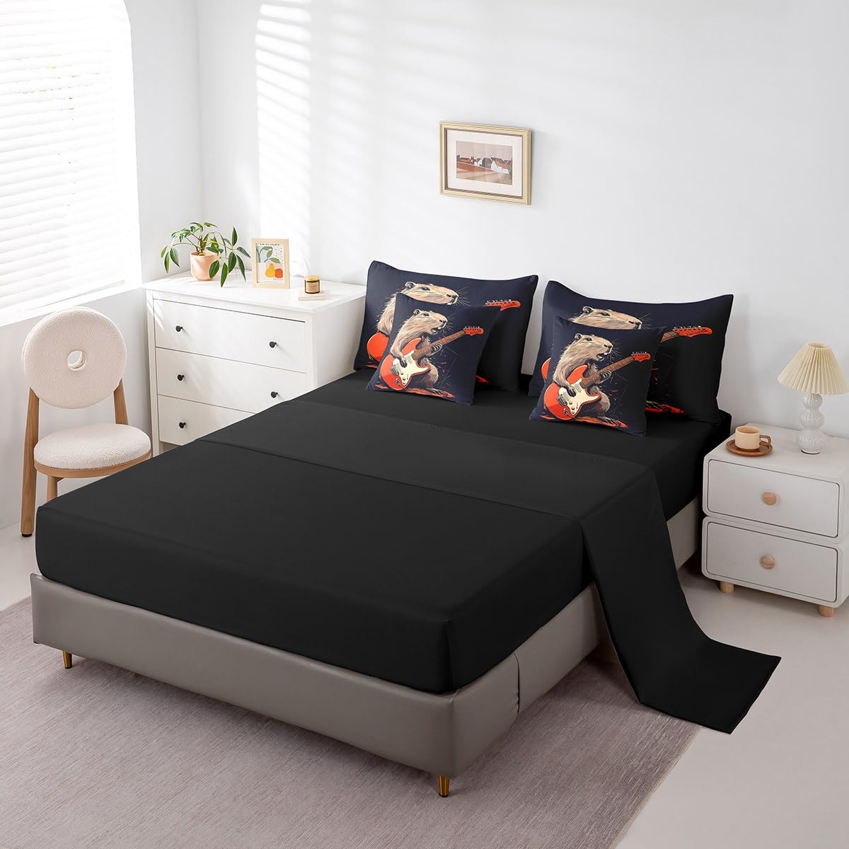Lovely Capybara Twin Comforter Set with Sheets, Hipster Grunge Guitar 7 Piece Bedding Set Capybara Animals Lovers Bed in a Bag, Cute Beaver Rodent Animals Print Decor, Musical Instruments Decor