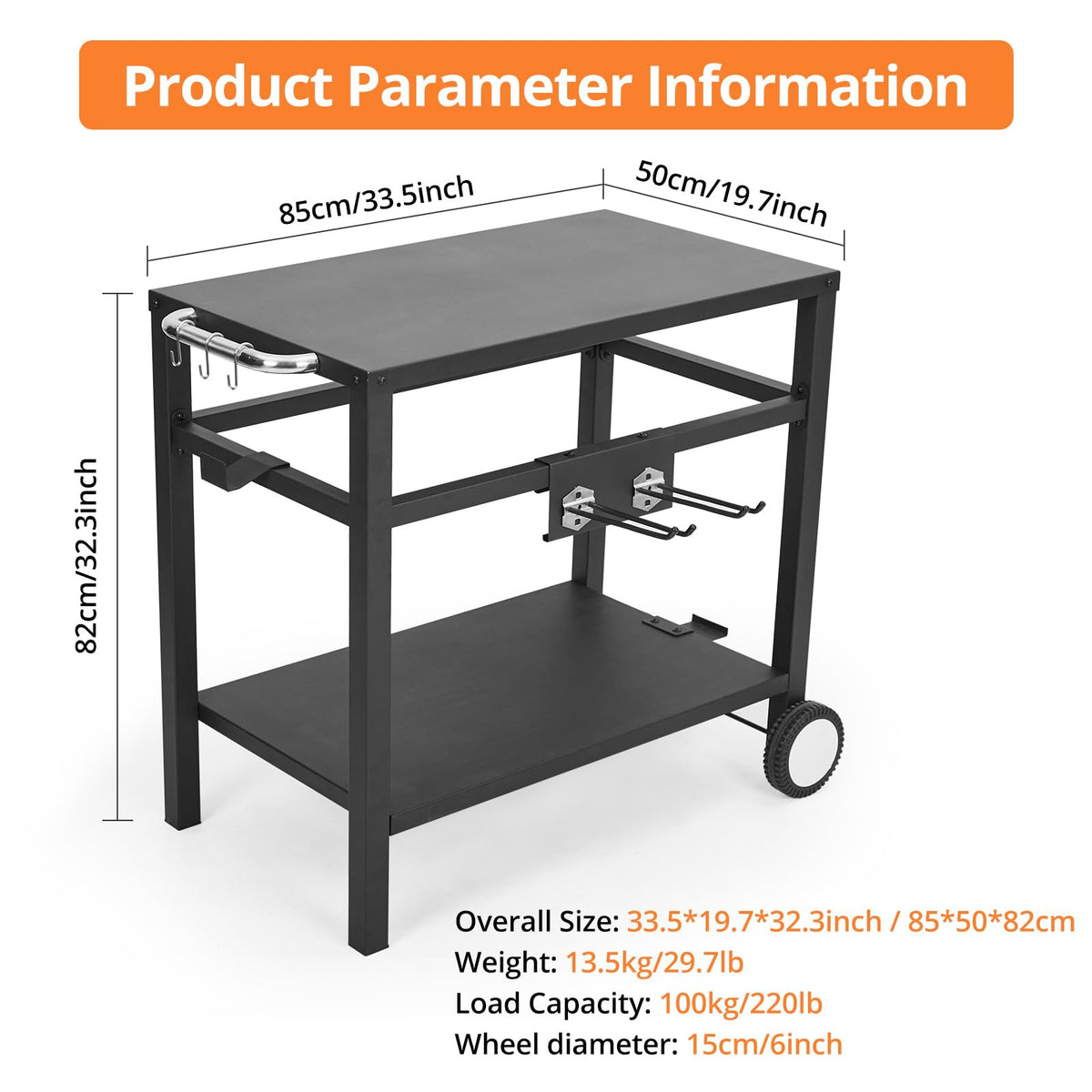 Garvee Grill Cart, Pizza Oven Stand, BBQ Prep Table with Wheels & Hooks, Side Handle, Double-Shelf Grilling Cart Tabletop Griddle Cooking Station for Bar, Patio, Camping, Home (Black)