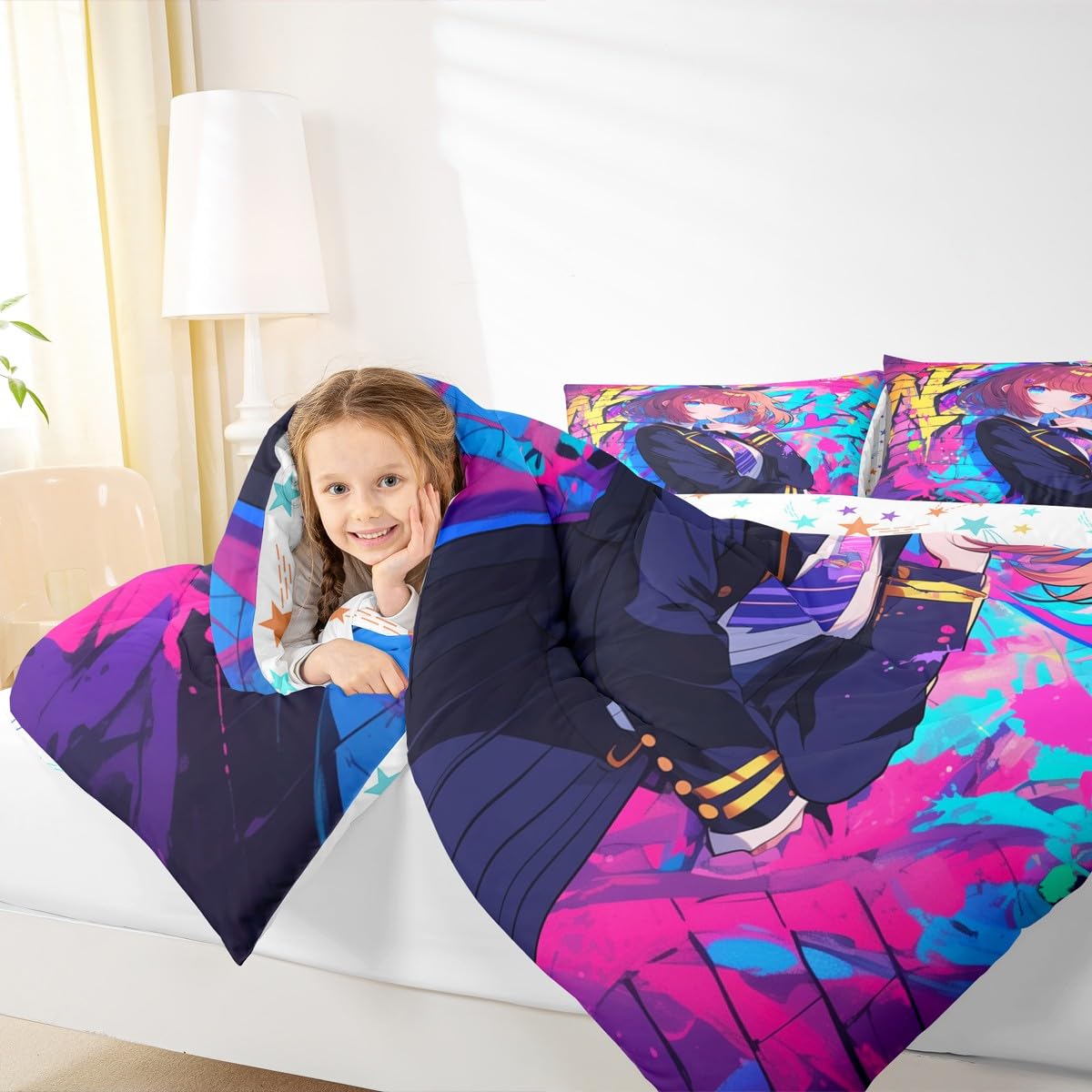Erosebridal Girls Japanese Anime Comforter Set Twin, Kawaii Anime Girl Bedding Set Cartoon Girl Duvet Insert for Kids Teens Adult, Japanese Animation Sci Fi Style Quilt with 1 Pillow Case
