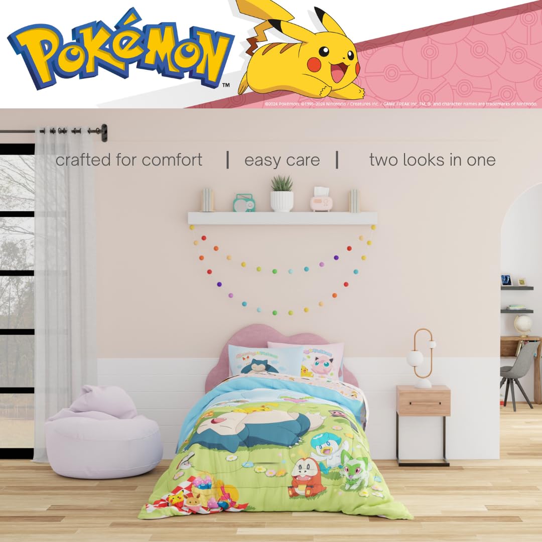 Pokemon Bedding Super Soft Comforter and Sheet Set with Sham, 4 Piece Twin Size, Featuring Snorlax, Pikachu, Eevee & Jigglypuff (Officially Licensed Product) by Franco