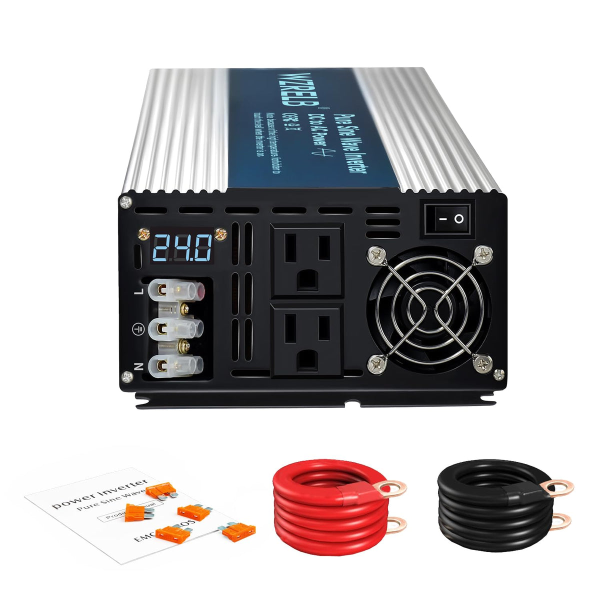 WZRELB 4000W Pure Sine Wave Inverter 24V DC to 110V 120V AC Power Converter with LED Display, Hardwire Terminal,Off-Grid Portable Power Inverter with Dual AC Outlets for Home, RV, Truck, Camping
