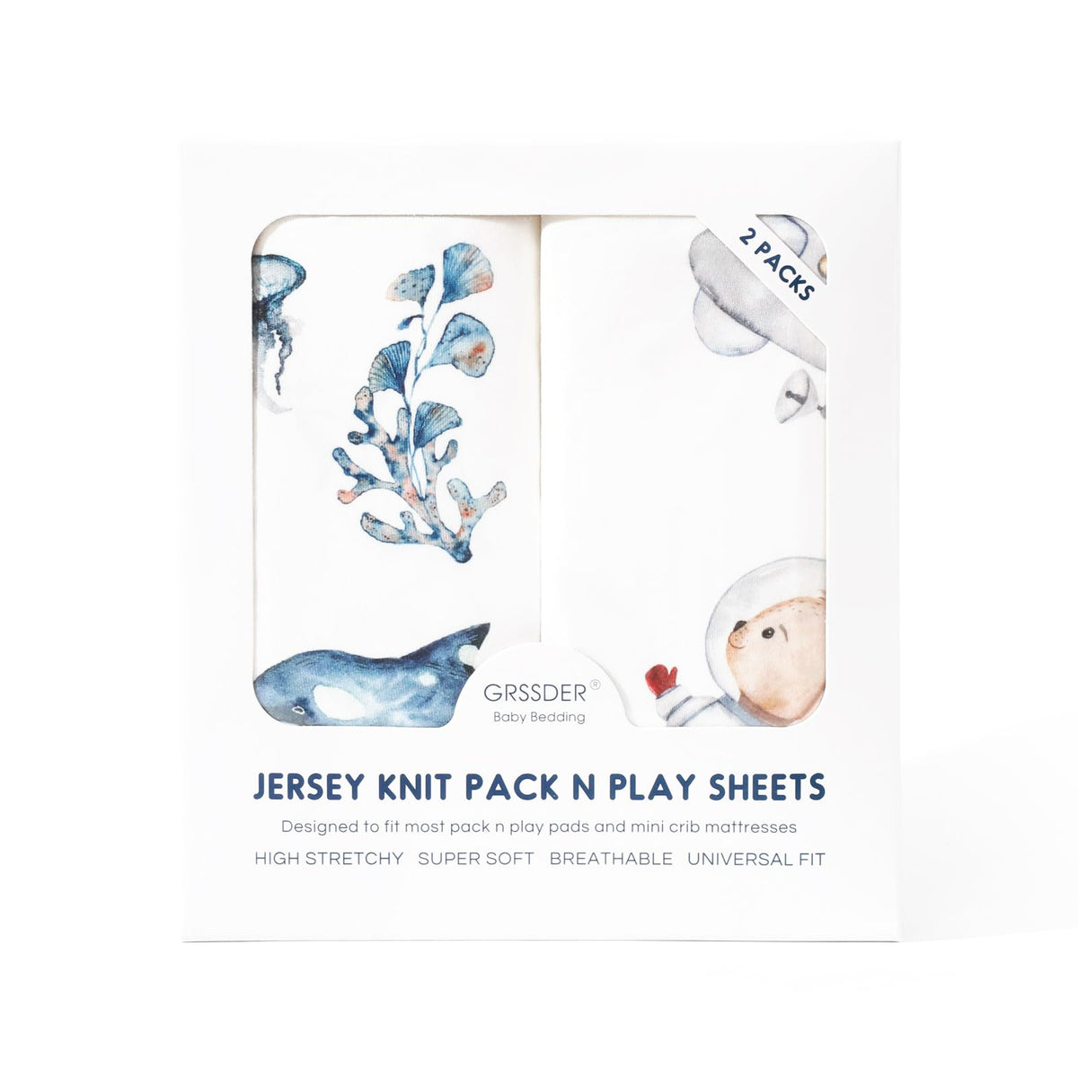 GRSSDER Stretchy Ultra Soft Jersey Knit Pack and Play Sheets 2 Pack, Portable/Mini Crib Sheets Universal Fitted for Playpen Mattress Safe and Snug, Cute Sea Fish & Space Print