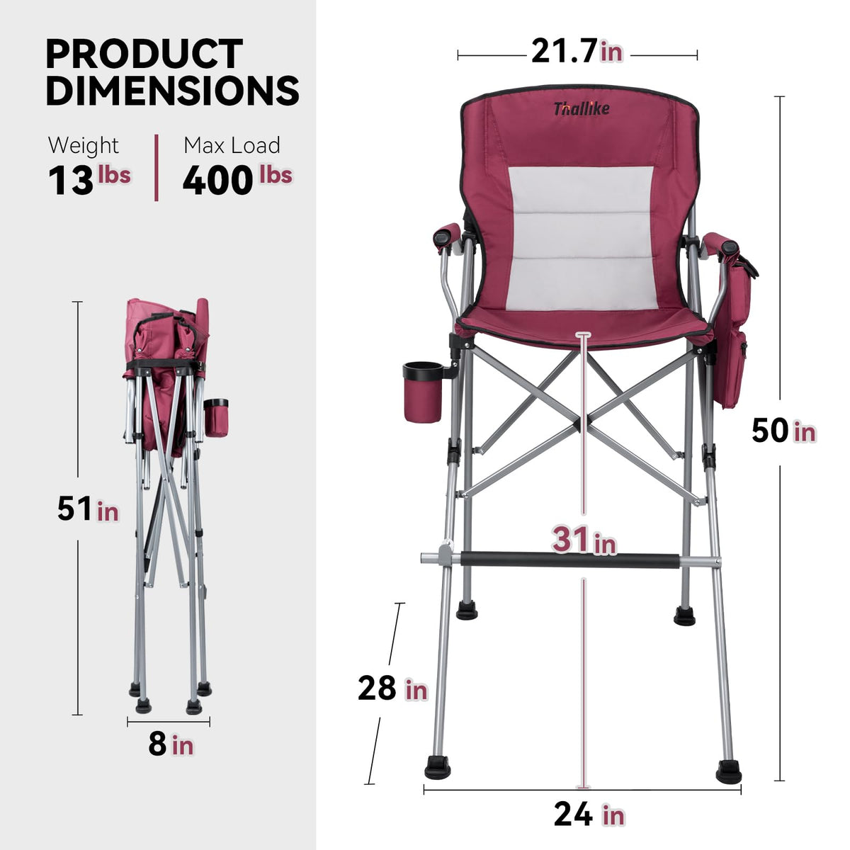 Thallike Foldable Directors Makeup Salon High Chair - Portable Camping Bar Height Folding Photoshoot Chairs with Stroage Bag Cup Holder Non-Slip Footrest, Supports 400 lbs Red Tall Director Chair