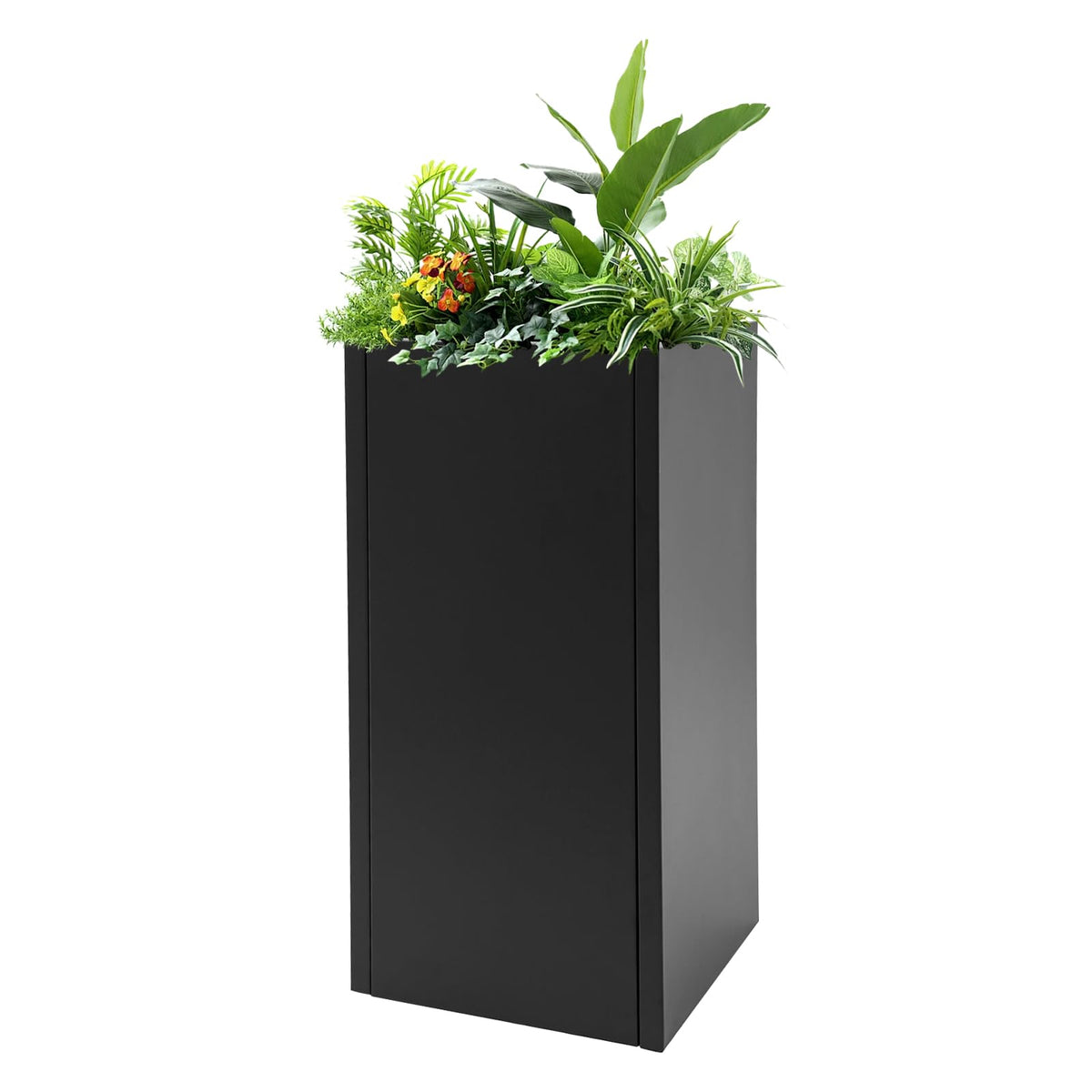 CheriMuMu Tall Outdoor/Indoor Planter Box, 14" L x 14" W x 30" H Heavy Duty Rectangular Large Flowerpot with Removable Shelf, Modern Column Metal Planter Box for Front Porch Patio, Black, 1 Pack