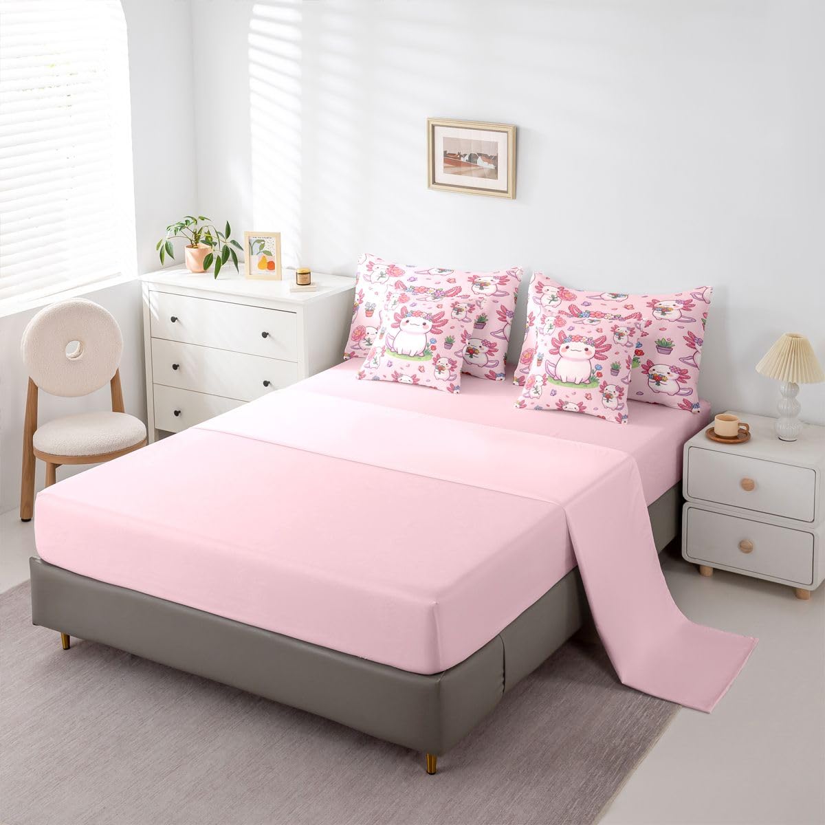 Kids Cartoon Axolotl Twin Size Bedding Set for Girls Pink Flower Floral 7 Pieces Comforter Set with Sheets for Preteen Girly Pink Axolotl Bed in a Bag for Teens Spring Garden Blossom Bed Sets