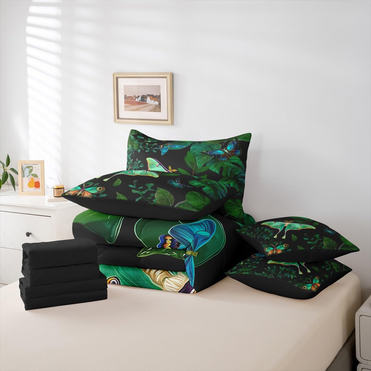 Erosebridal Colorful Butterfly Comforter Set Moth Bed in A Bag Full Size 7 Pieces Palm Leaves Banana Bed Set Hawaiian Tropical Leaves Bedding