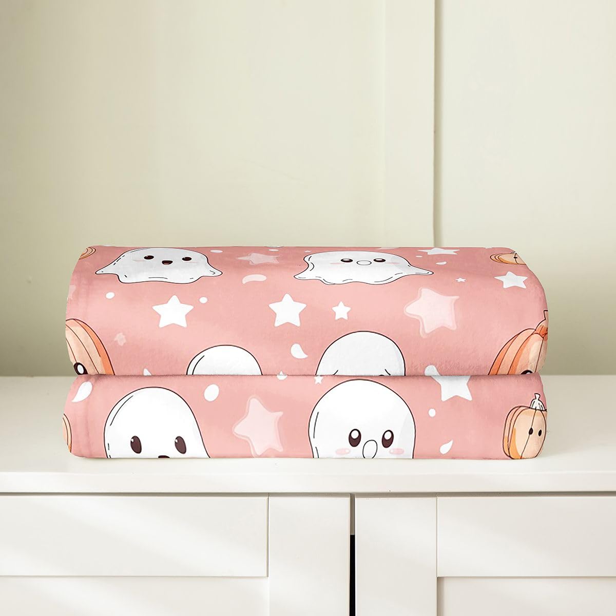 Feelyou Ghost Fleece Throw Blanket Halloween Themed Flannel Blanket Plush Fuzzy Trick or Treat for Bed Couch Chair Living Room Soft Pink Throw 50"x60" Spooky Pumpkin Bedroom Decor