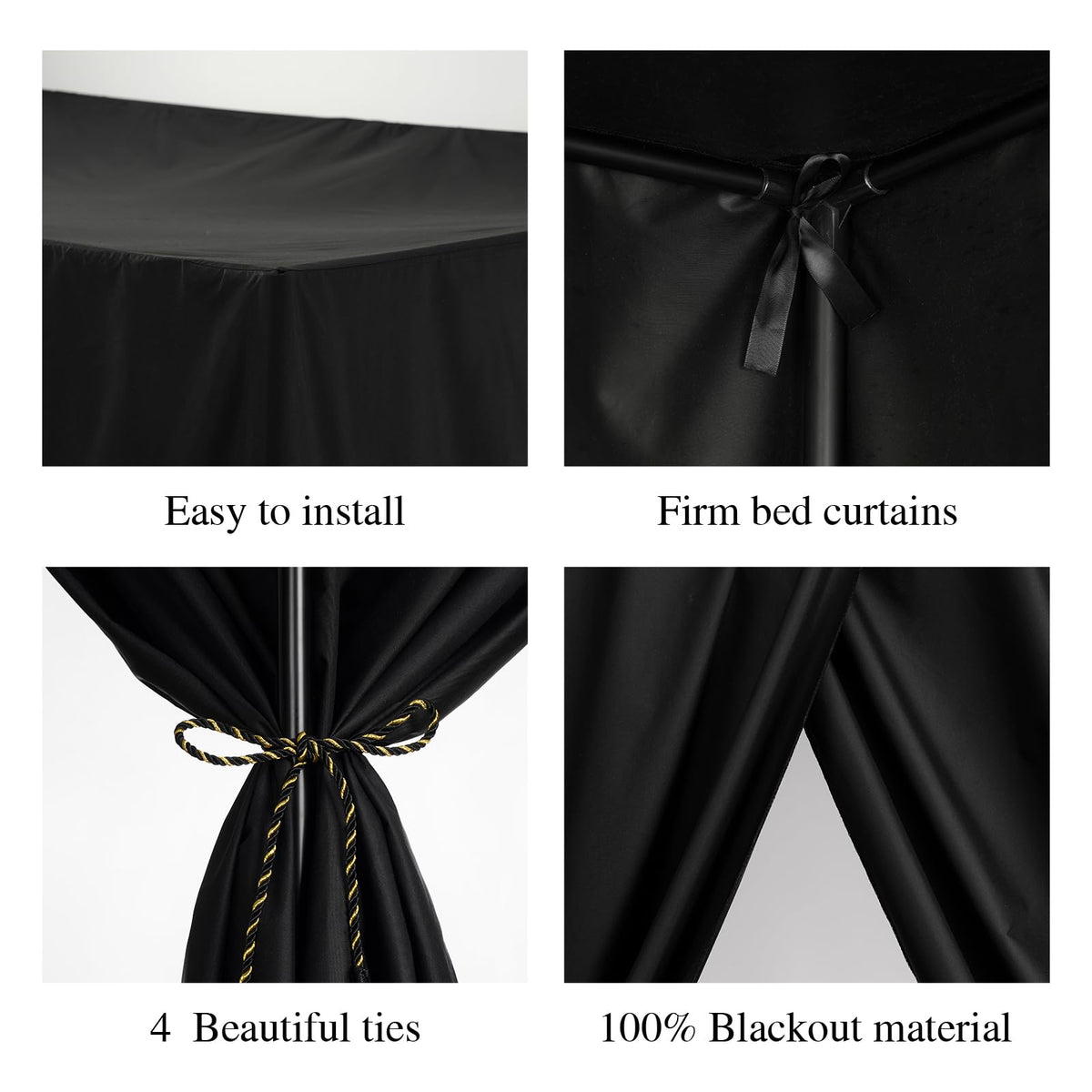 YRDKB Black Canopy Bed Curtains - 4 Corner Post Bed Curtains King Lightproof Siamesed Drapes Bed Canopy for Adults & Girls Bedroom Decoration(Black,King)
