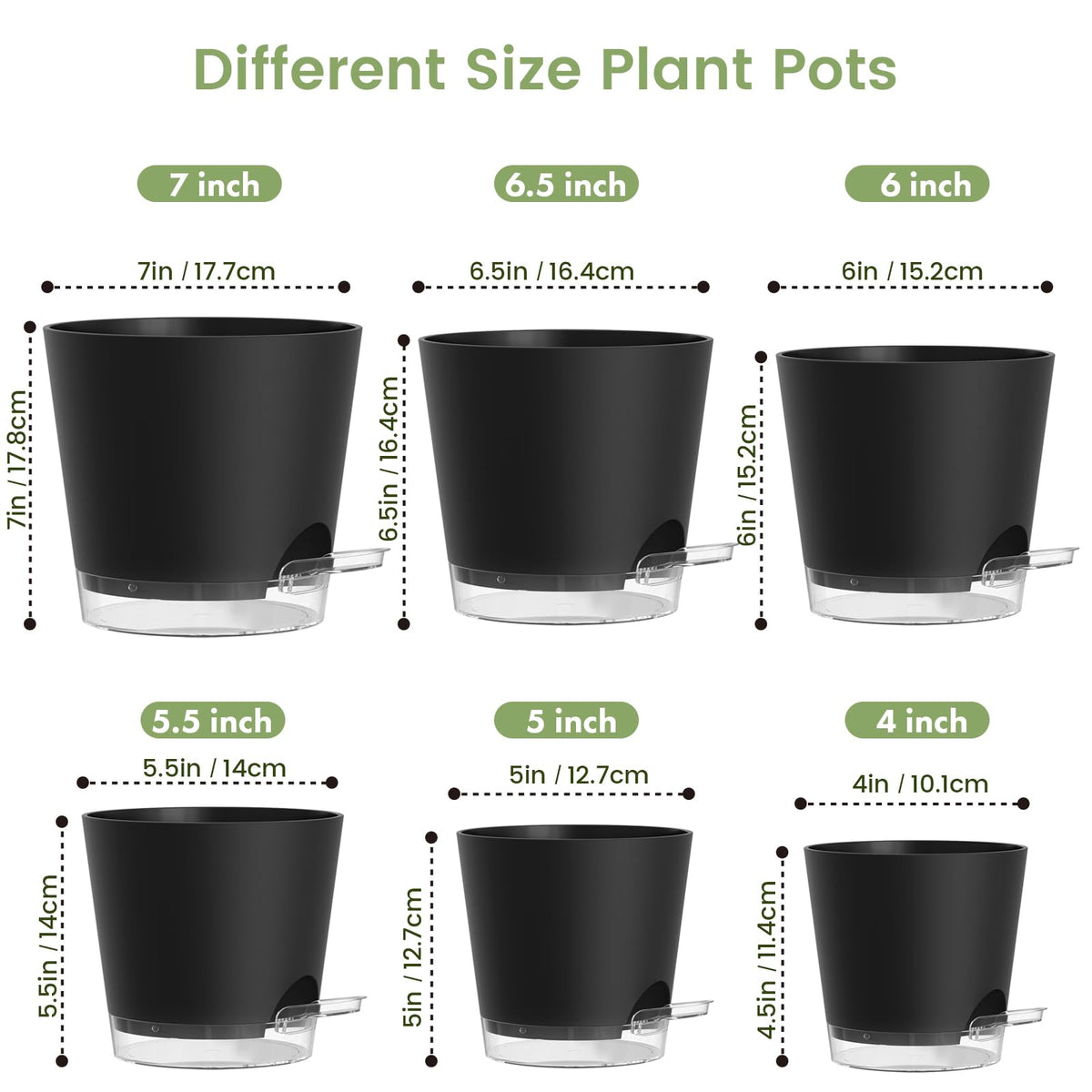Meowell Self Watering Pots Pack of 6 – Different Size 4" to 7" Indoor Plant Pots with Drainage Holes and Clear Reservoir for Visible Water Level, Plastic Wicking Planters for House Plants, Black
