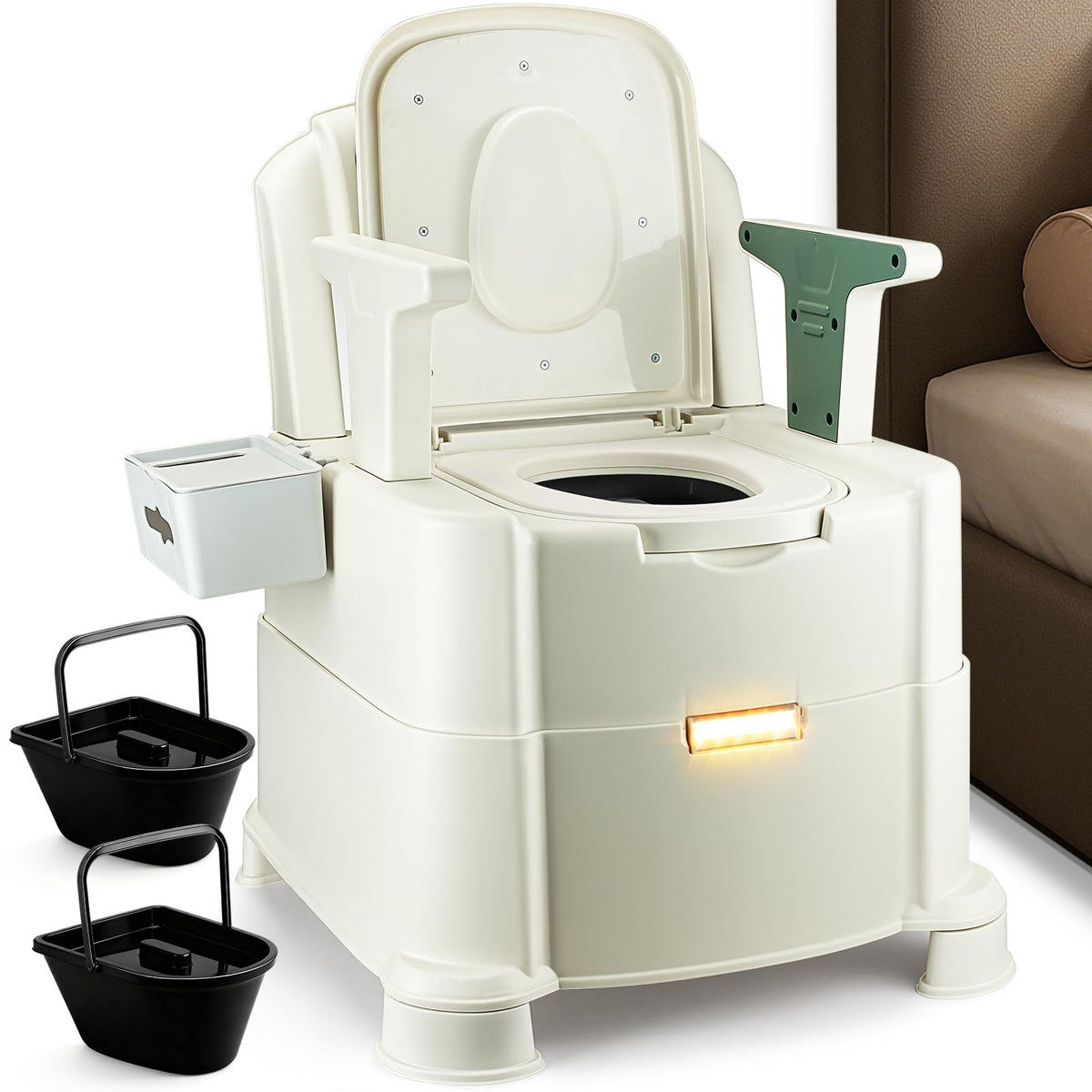 HygiVital Bedside Commode, 500lbs Heavy Duty & Upgraded Commode Toilet Potty Chair, Portable Camping Toilet, Detachable Armrests, Automatic LED Light, 2-Level Height, 3 Rolls of Commode Liners 【Green】