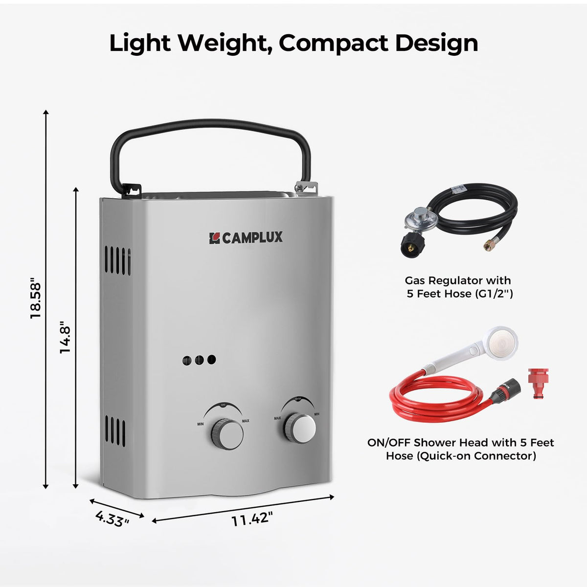 CAMPLUX 1.32 GPM Tankless Water Heater Portable, 5L Outdoor Propane Water Heater for Camping Trip with Overheating Protection, AY132G, Gray