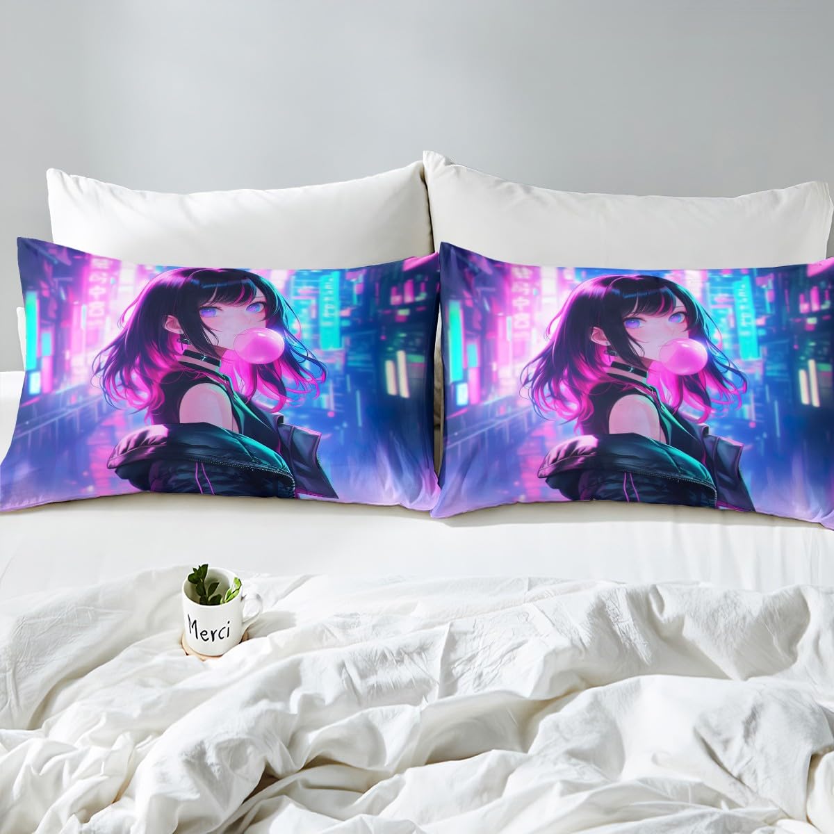 Erosebridal Anime Girl Fitted Sheet Top Twin Size, Kawaii Japanese Anime Sheet Set for Kids Boys Teens Adult Women, Cartoon Girl Bed Sheets Japan Animation Bedroom Decor, Machine Washable