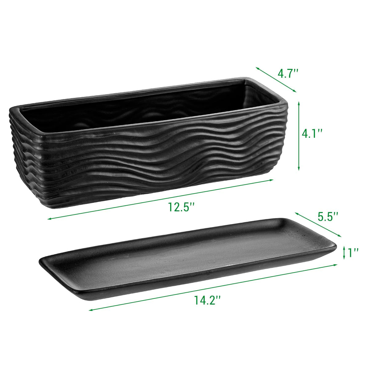MyGift 12.5 inch Ceramic Planter, Modern Textured Rectangular Succulent Flower Plant Pot with Wave Design and Removable Drip Tray Saucer (Black)