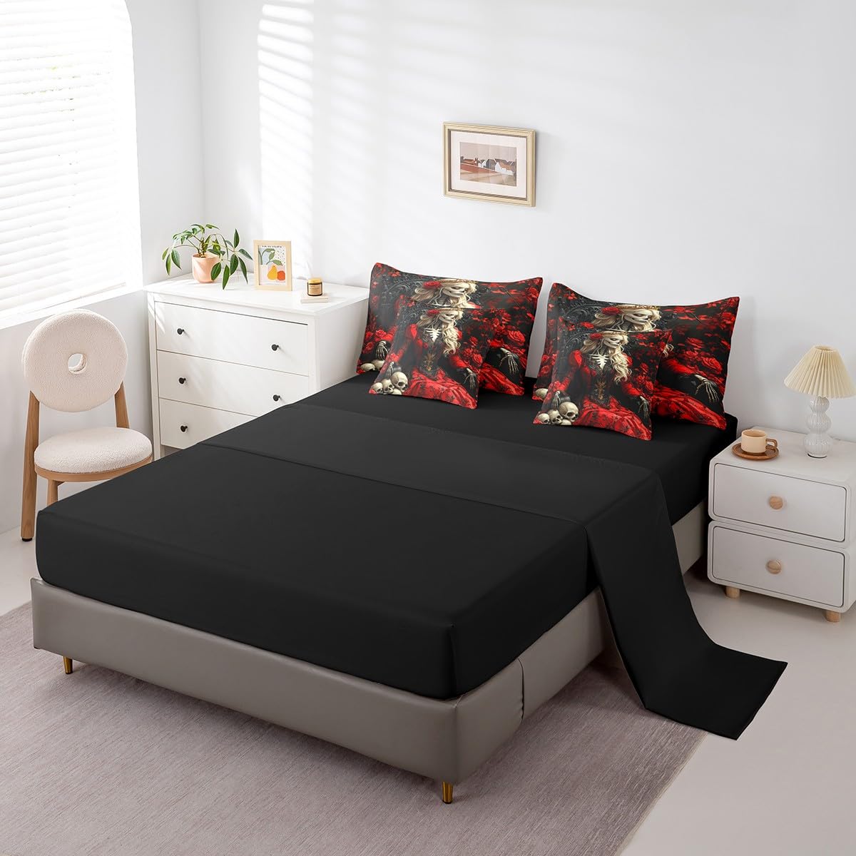 Erosebridal Queen Skull 7 Piece Bedding Set Romantic Skull Roses Full Comforter Set Gothic Skull Skeleton Bed in A Bag Skeleton Bones Flowers Sheet Set with Comforter for Kids Teen Adults
