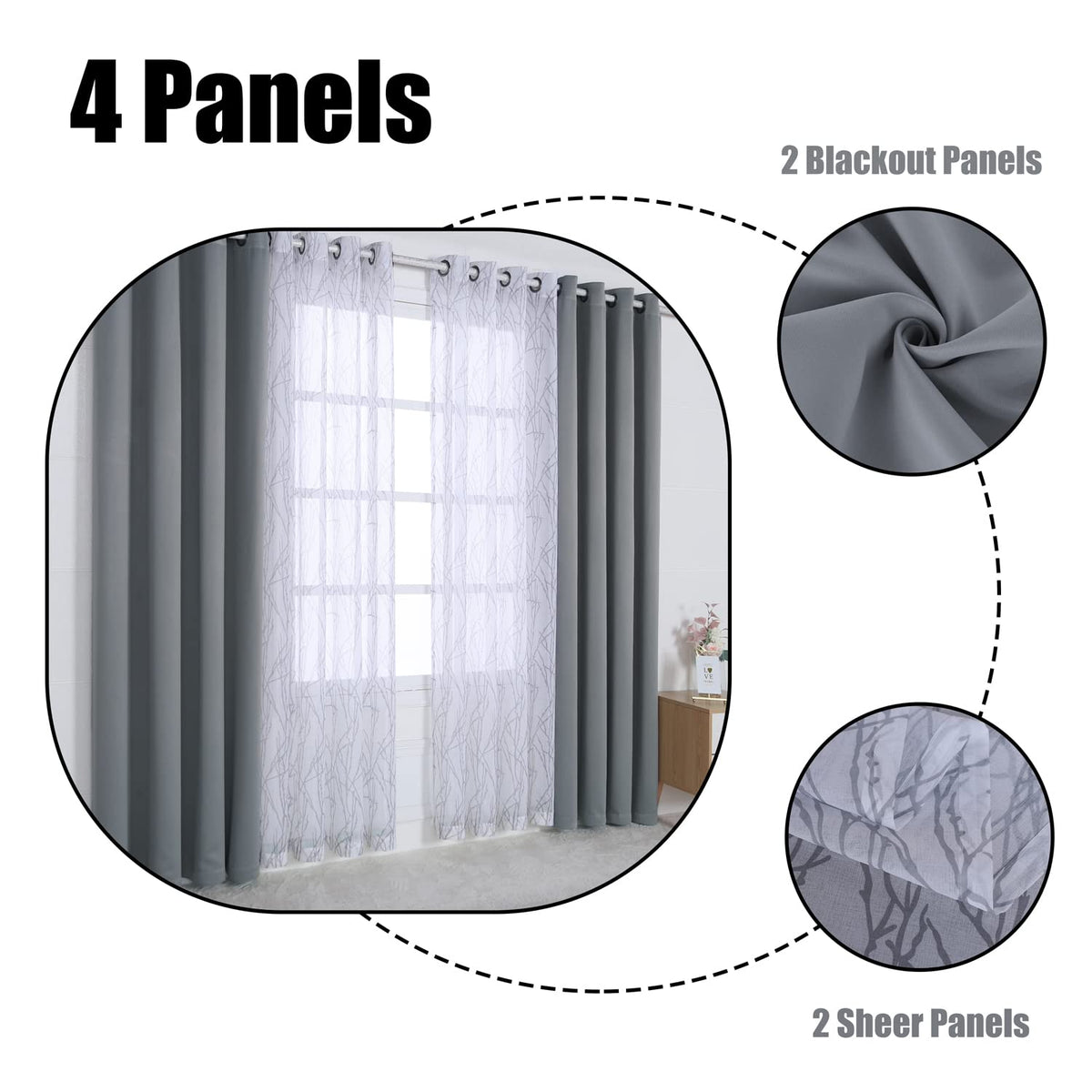 BONZER Mix and Match Curtains - 2 Pieces Branch Print Sheer Curtains and 2 Pieces Blackout Curtains for Bedroom Living Room Grommet Window Drapes, 37x84 Inch/Panel, Light Grey, Set of 4 Panels