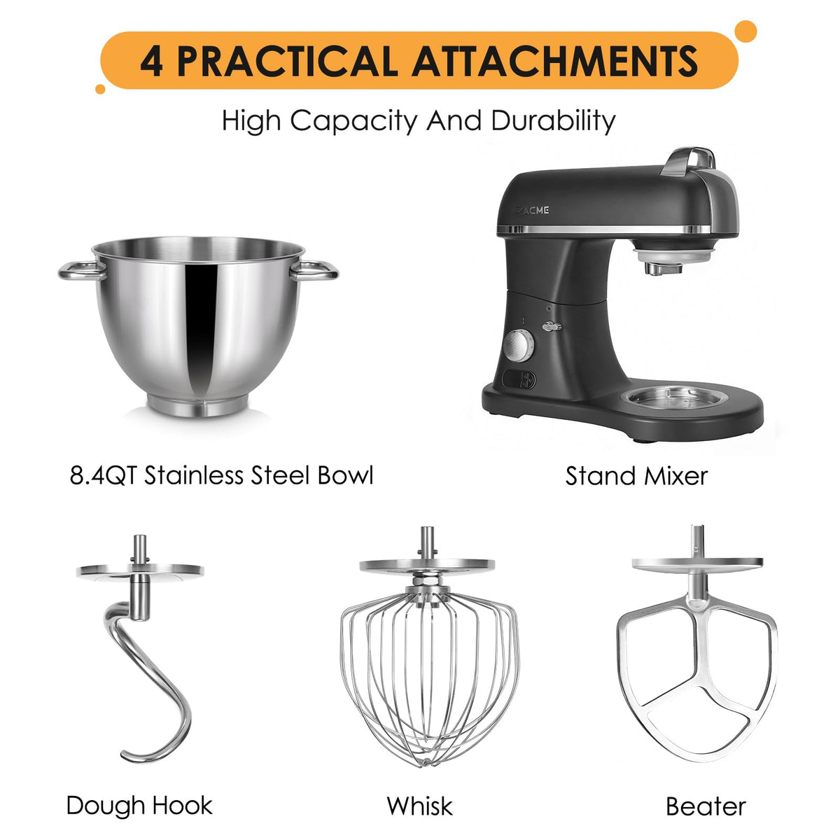 8.4QT Commercial Stand Mixer 800W with Aluminum Die Casting Meets the Standard of NSF/ANSI 8-2023, Mixers Kitchen Electric Stand Mixer with Stainless Steel 8L Bowl, Dough Hook, Whisk and Beater, Black