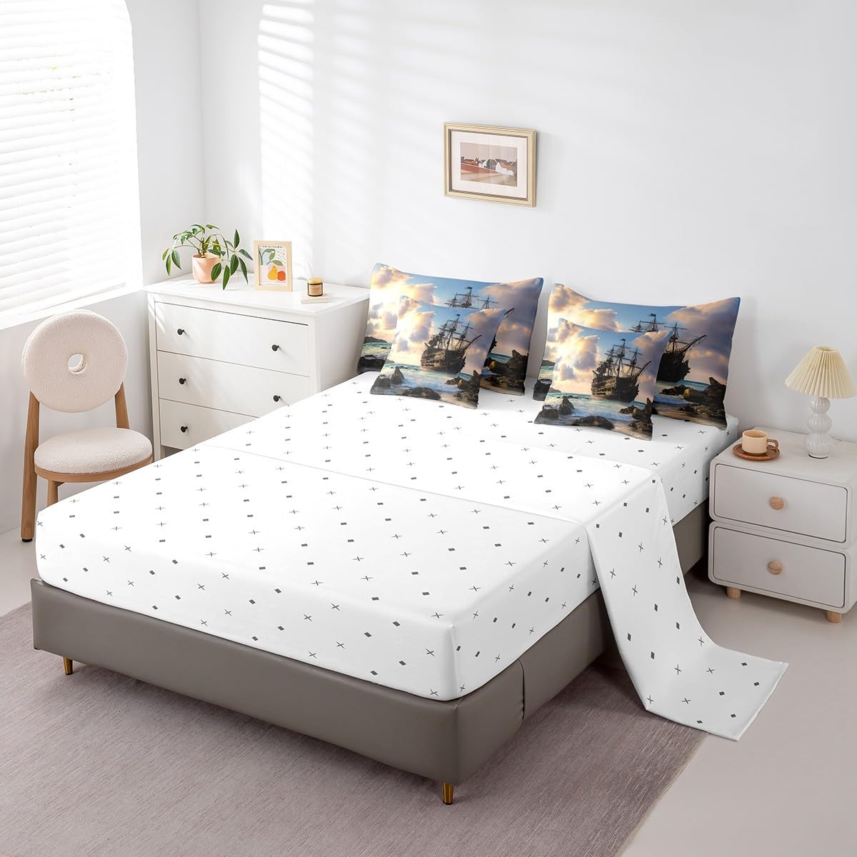 Erosebridal Nautical Retro Sailboat Comforter Set 7 Piece Bed in a Bag Twin,Ocean Theme Bedding Sets Sea Coastal Sheet Set with Comforter,Pirate Ship Vintage Boat Bed Set