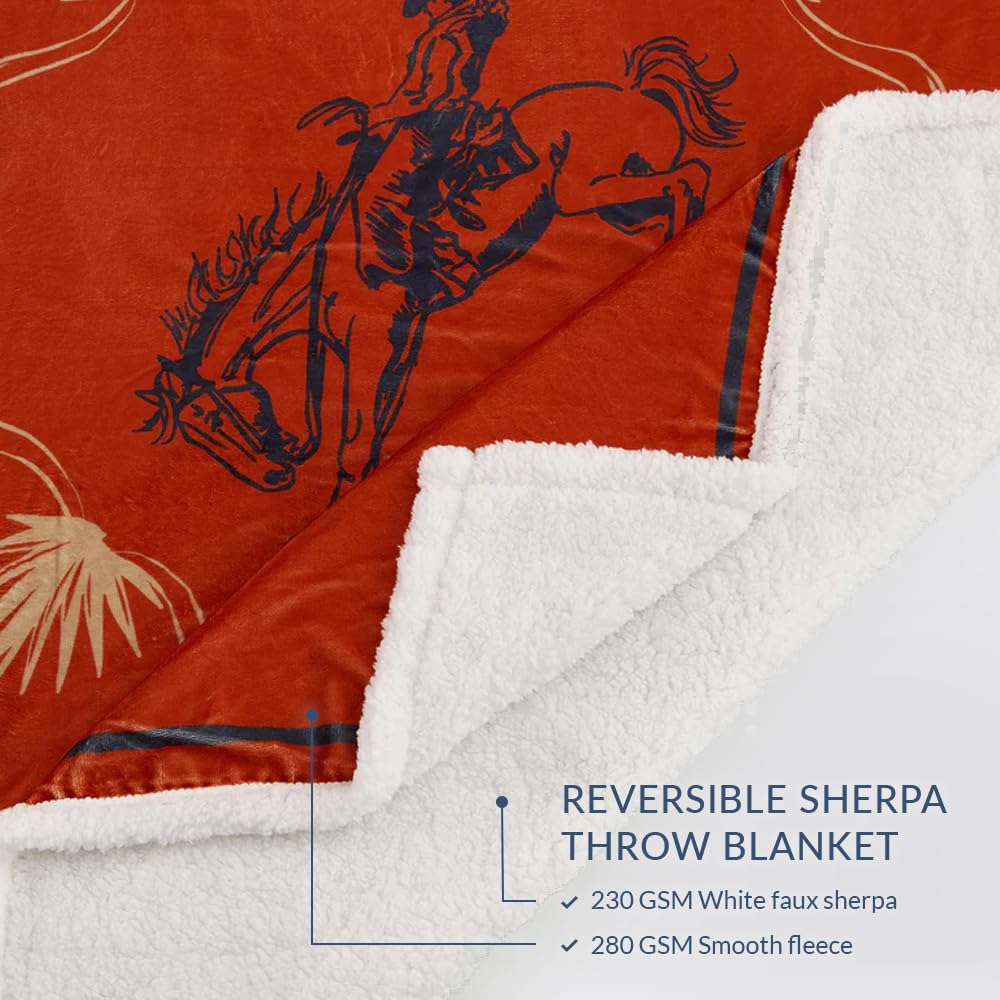 Indigo Hill by HiEnd Accents Marfa 3 Piece Sherpa Western Throw Blanket Set, Cowboy Longhorn Scull Print, Western Blanket with Horseshoe Print Western Pillows, Southwest Style, 1 Throw and 2 Pillows