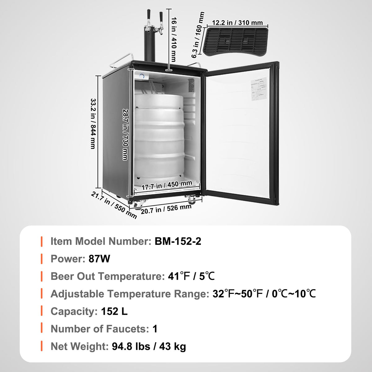 VEVOR Beer Kegerator, Dual Tap Commercial Draft Beer Dispenser for D system, Full Size Keg Refrigerator with 5lbs CO2 Tank, Hold 2 Sixth / 2 Ball lock keg, Black
