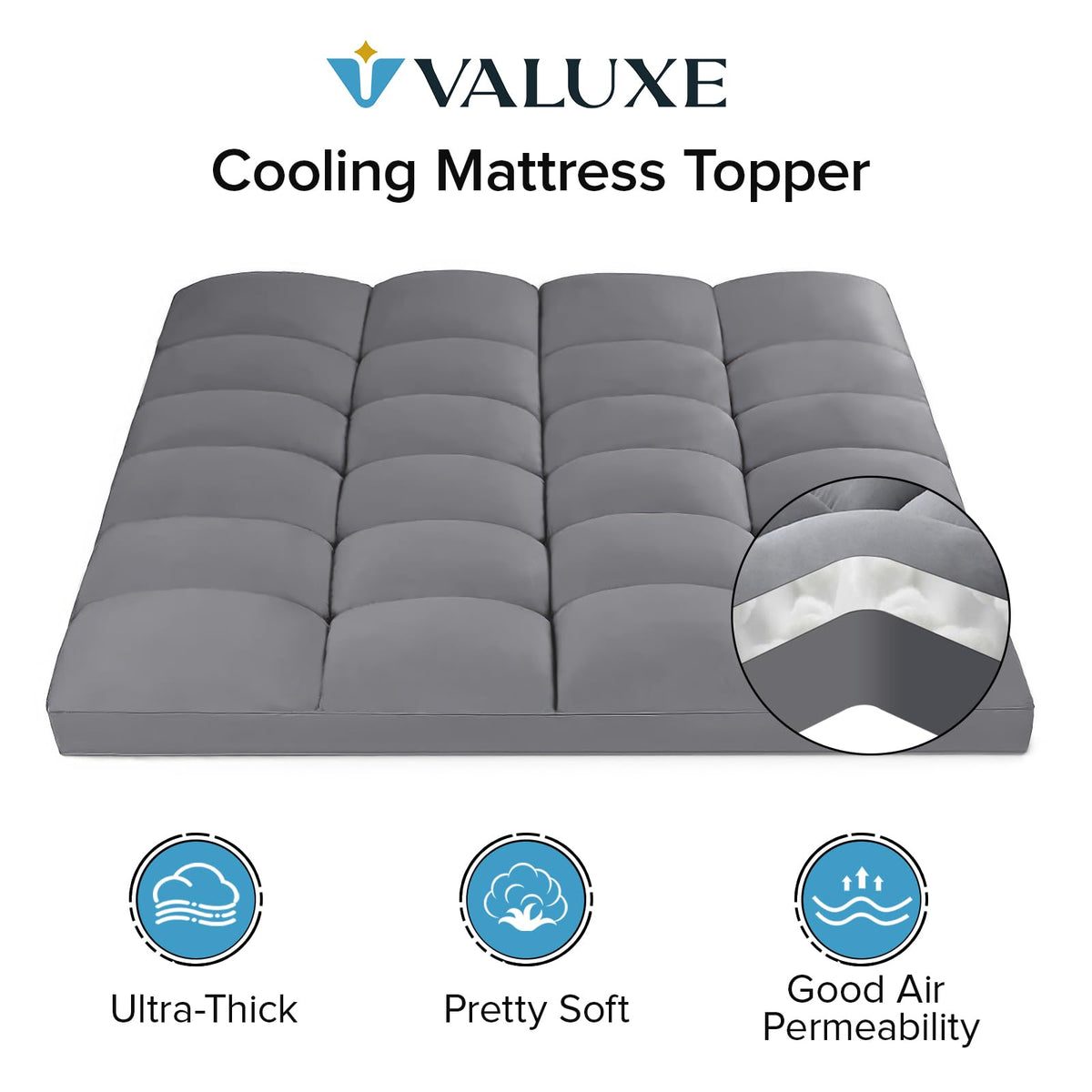 VALUXE California King Mattress Topper Cooling Pillow Top Fitted Mattress Pad Cover Extra Thick Bed Topper Down Alternative Soft Mattress Protector for Back Pain Relief with 8-21 Inch Deep Pocket Grey