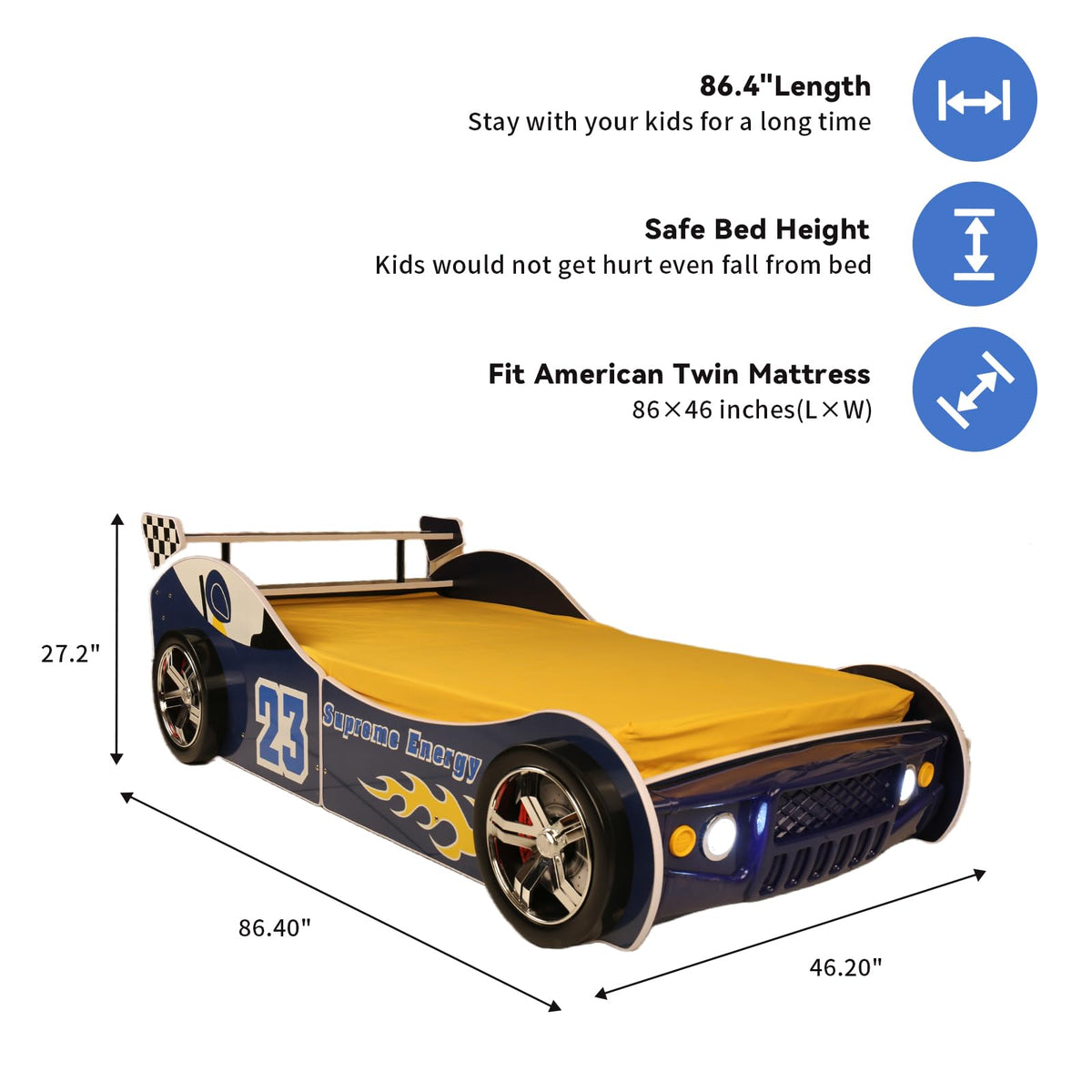 LKTART Car Bed Twin Size for Kids, Race Car Shaped Wooden Platform Bed Frame with Headboard Wheels and Support Slats for Boys Toddlers Child's Bedroom (Blue)