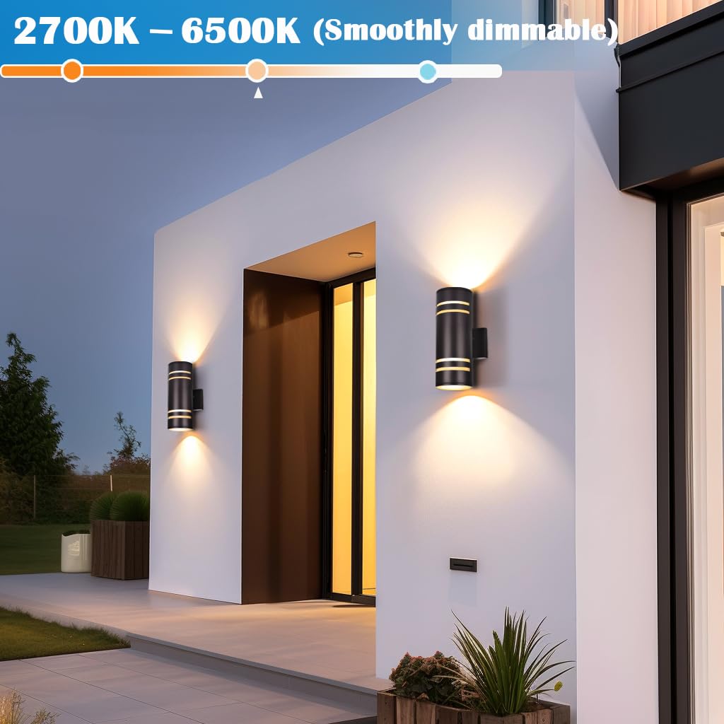iYogaled Smart RGB Outdoor Wall Lights, 2 Pack Front Porch Light Fixtures, Cylinder Up and Down Lights Outdoor Wall Sconce, Exterior Lighting Fixture Compatible with Google Assistant Alexa