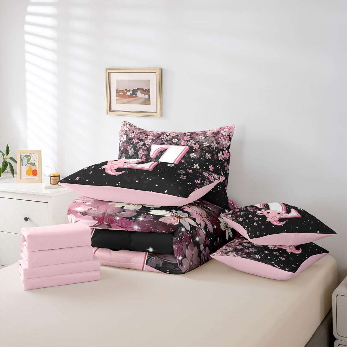 Erosebridal Twin Size Cute Axolotl Bed in A Bag 7 Pieces for Kids Girls Teens | Initial Letter Z Comforter Set with Sheets Japanese Cherry Blossom Bedding Set with Flat Fitted Sheets (Pink and White)