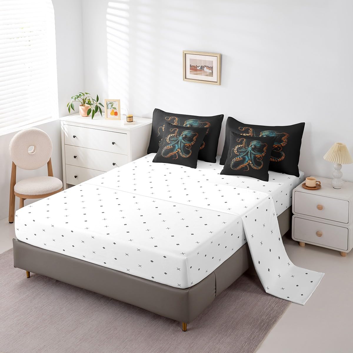 Feelyou Blue Black Octopus 7 Pieces Bedding Set Tentacles Twin Comforter Set with Sheets for Boys Girls Kids Room Decor Ocean Kraken Bed in a Bag Sealife Sea Animal Bed Set Bedroom