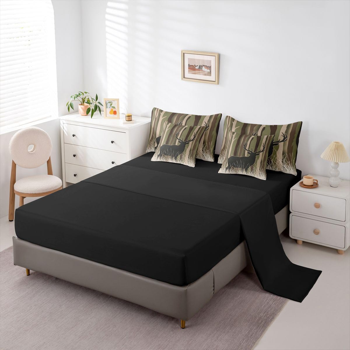 Feelyou Camouflage Deer Comforter Set Twin Size 7 Pieces Deer Hunting Bedding Set for Kids Boys Girls Camo Bed in a Bag with Comforter, Sheets, Pillowcases, Cushion Covers Wild Animal Bedroom Decor
