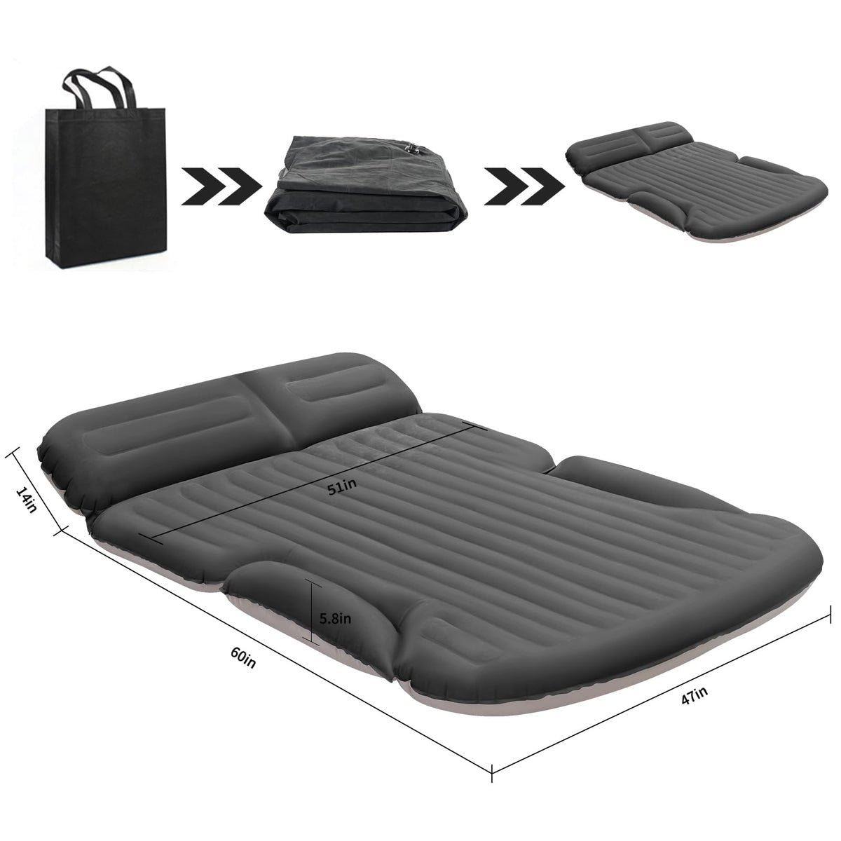 KMZ SUV Air Mattress Thickened and Double-Sided Flocking Travel Camping Bed with 2 Pillows & Electric Pump Dedicated Mobile Cushion Inflatable Bed for SUV Trunk and Rear Seat (Dark Gray)