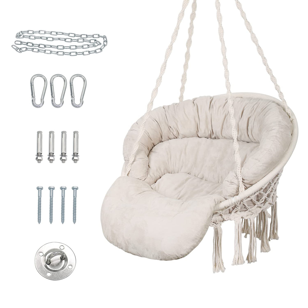 Hammock Chair with Cushion, Handmade Macrame Swing Chair with Hanging Hardware Kits, Bohemian Style Cotton Rope Hanging Chair for Bedroom Indoor Outdoor, Beige