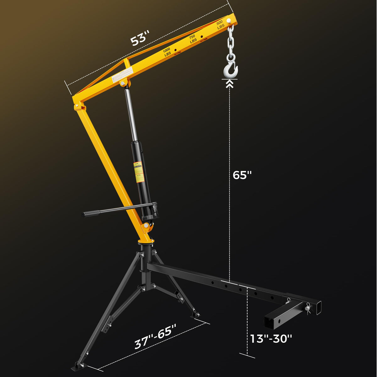 CAMMOO 1000lbs Receiver Hitch Mounted Hydraulic 360° Swivel Truck Crane with 3 Boom Capacity Options: 500lbs, 750lbs, 1000lbs. Ideal for Workshops, Construction, Agriculture, and Logging,Yellow
