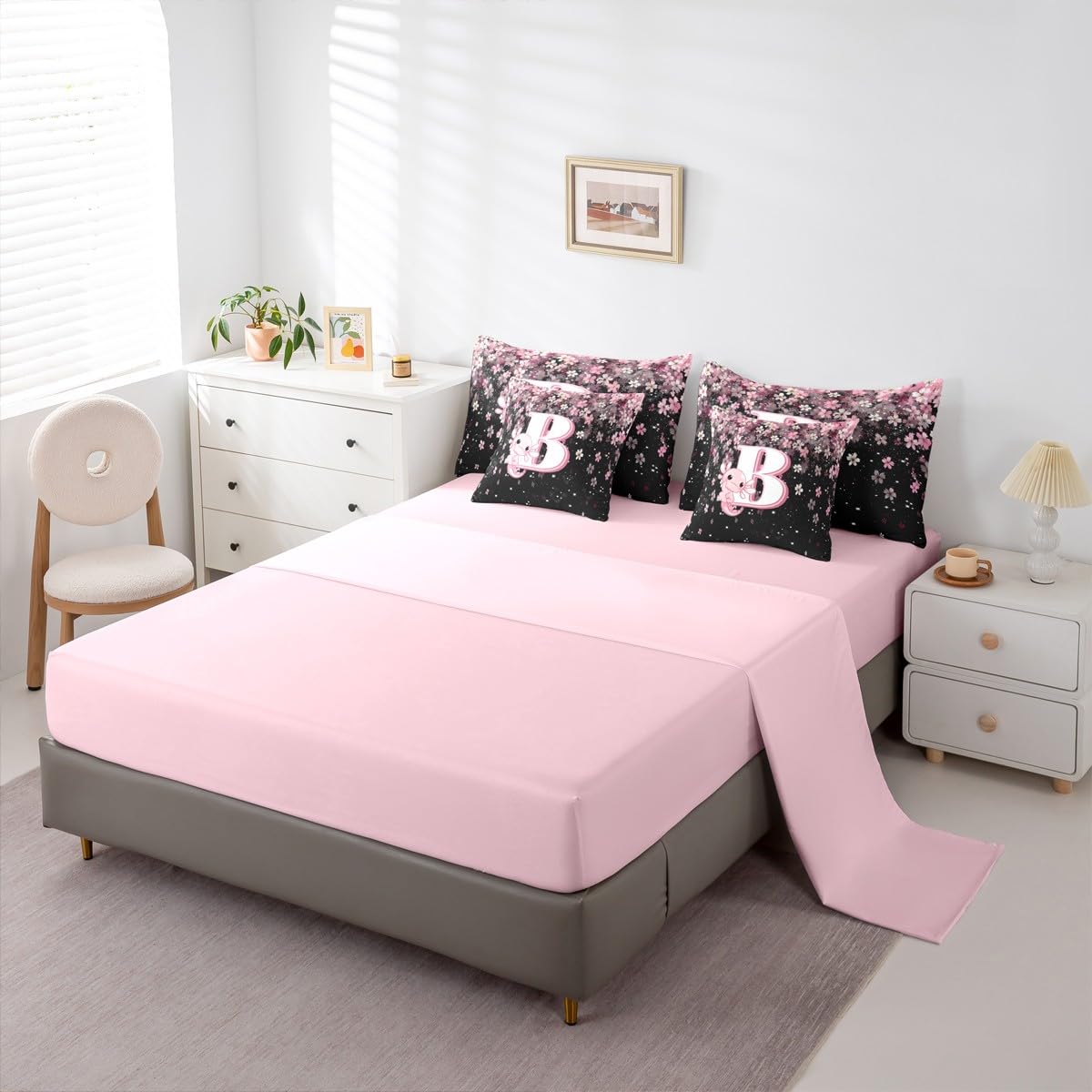 Erosebridal 7 Pieces Cute Letter Initial B Bedding Set Twin Size | Cute Axolotl Comforter Set with Sheets for Kids Girls Teens Pink and White Cherry Blossom Quilt Sets Kawaii Axolotl Bed in A Bag