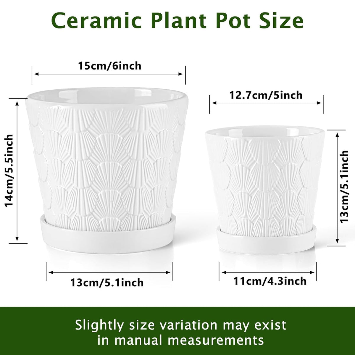 COLOAPT Ceramic Planter,5+6 Inch Ceramic Flower Pots with Drainage Hole&Tray,Embossed Seashell Design Plant pots,Planters for Indoor Plants Succulent Cactus,Flower Pot Home Decor-Set of 2,White
