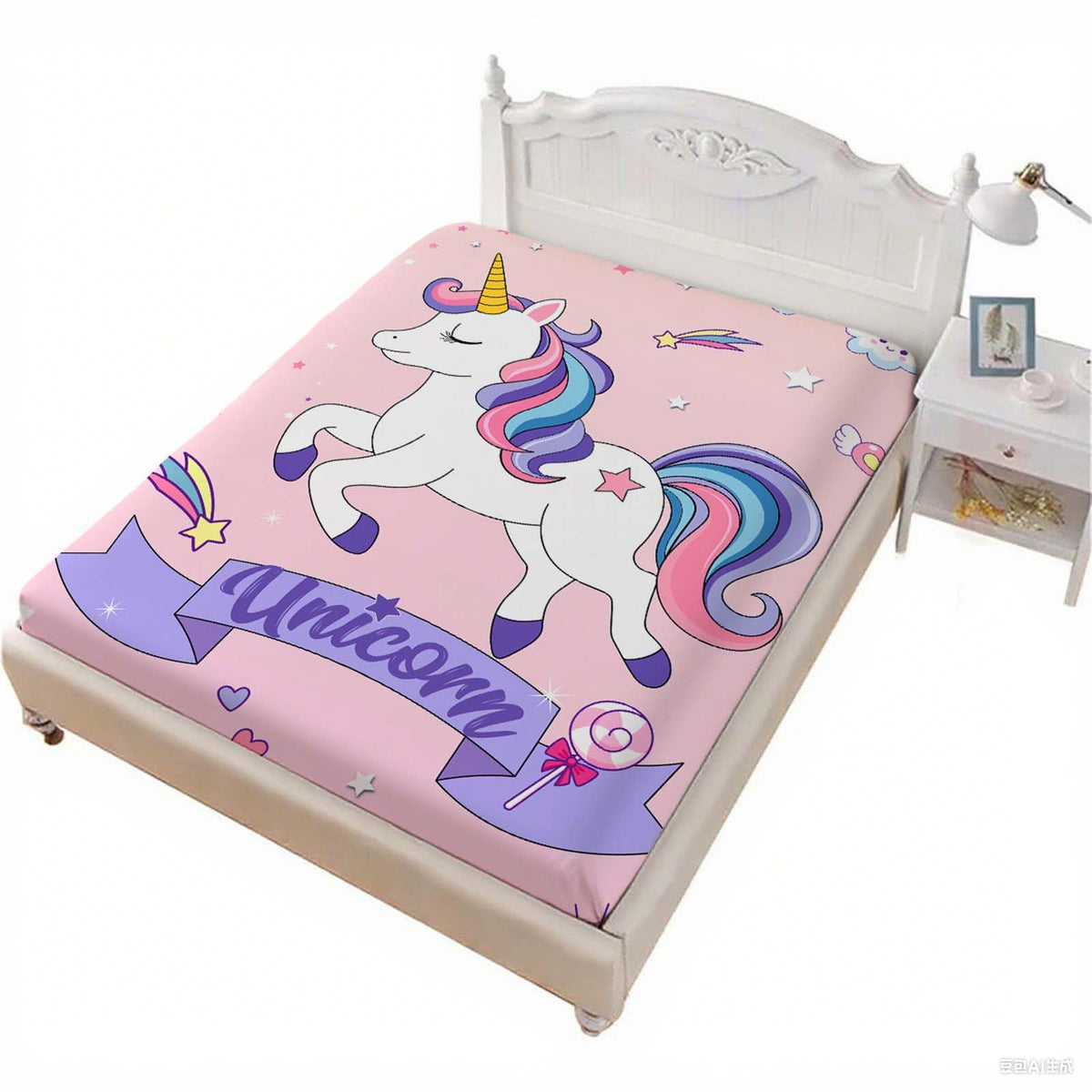MUSOLEI Unicorn Sheet Unicorn Fitted Sheets Rainbow Bed Set Kids Sheets Kids Bedding Girl Bedding Girl bedset 1 Fitted Sheet with 1 Pillowcase （Twin）