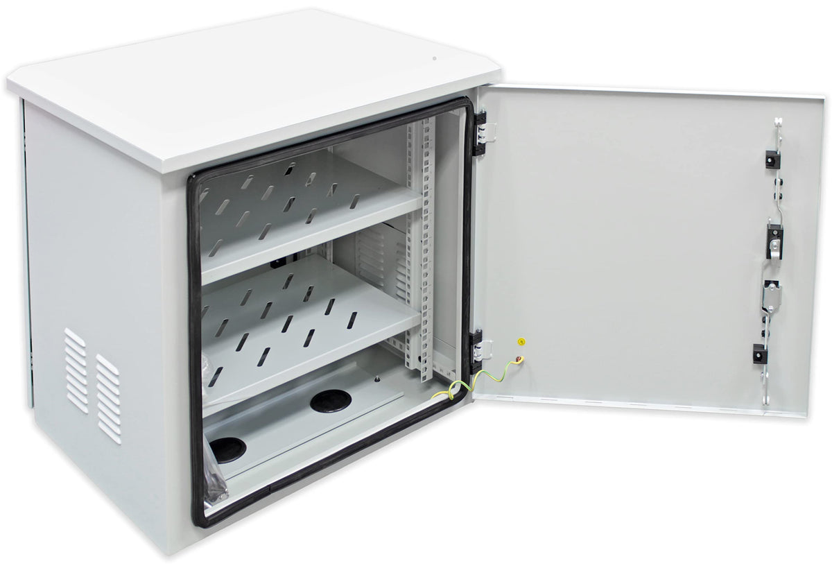 Electriduct 12U Outdoor Cabinet 21.6 Inch Depth IP55 Weather Resistant Enclosure Floor Mount Network Equipment Front & Back Doors, 2 Locks, 4 Keys, 2 Shelves, 2 Fans, Thermostat (600 x 550 mm), White