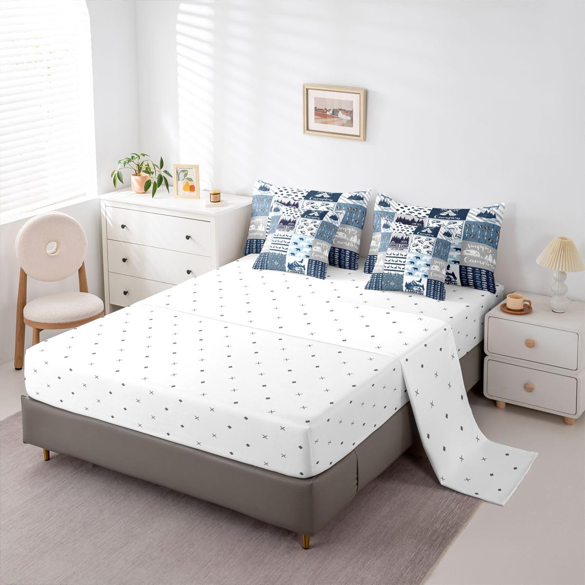 Erosebridal Happy Camping 7 Piece Bedding Set Full Camper Comforter Set with Sheets Rustic Farmhouse Style Bed in A Bag Camping Car Bed Sets with 2 Pillowcases, 2 Throw Pillow Covers
